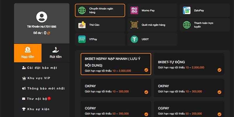Đa dạng các hình thức nạp tiền, người chơi thoải mái lựa chọn